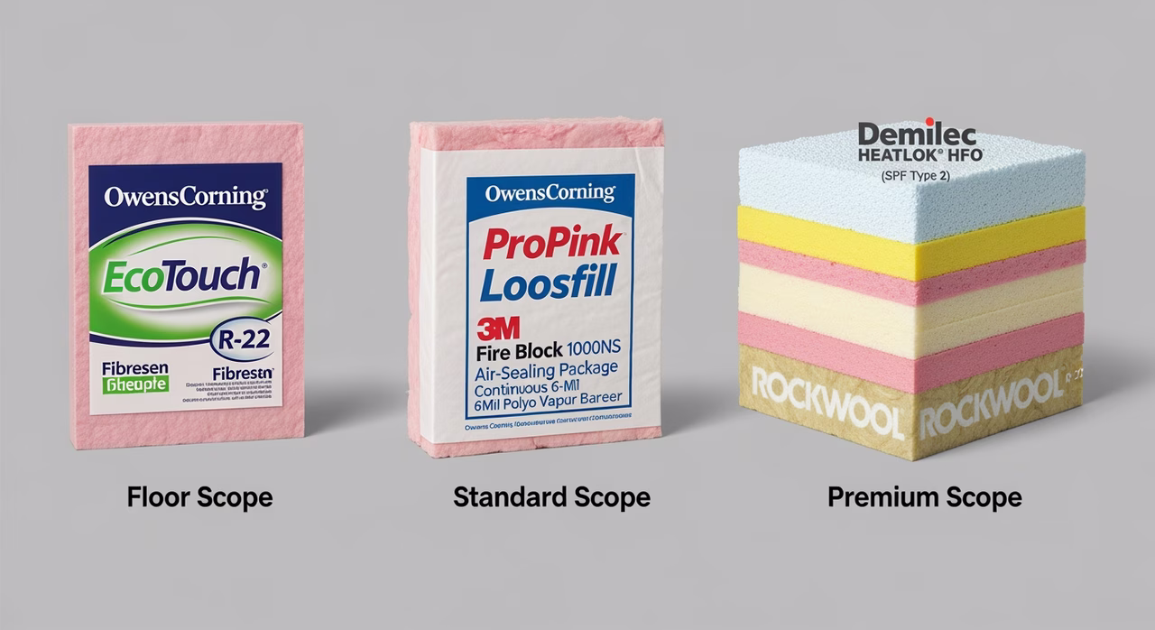 Three Toronto insulation tier products compared: floor Owens Corning EcoTouch R-22 fiberglass batt at $3-4.50/sqft, standard Owens Corning ProPink Loosefill blown cellulose with 3M Fire Block air-sealing at $5-8/sqft mid, premium Demilec Heatlok HFO closed-cell spray foam SPF Type 2 per CAN/ULC S705.1 with Rockwool Comfortbatt R-22 overlay sandwich at $10-12/sqft