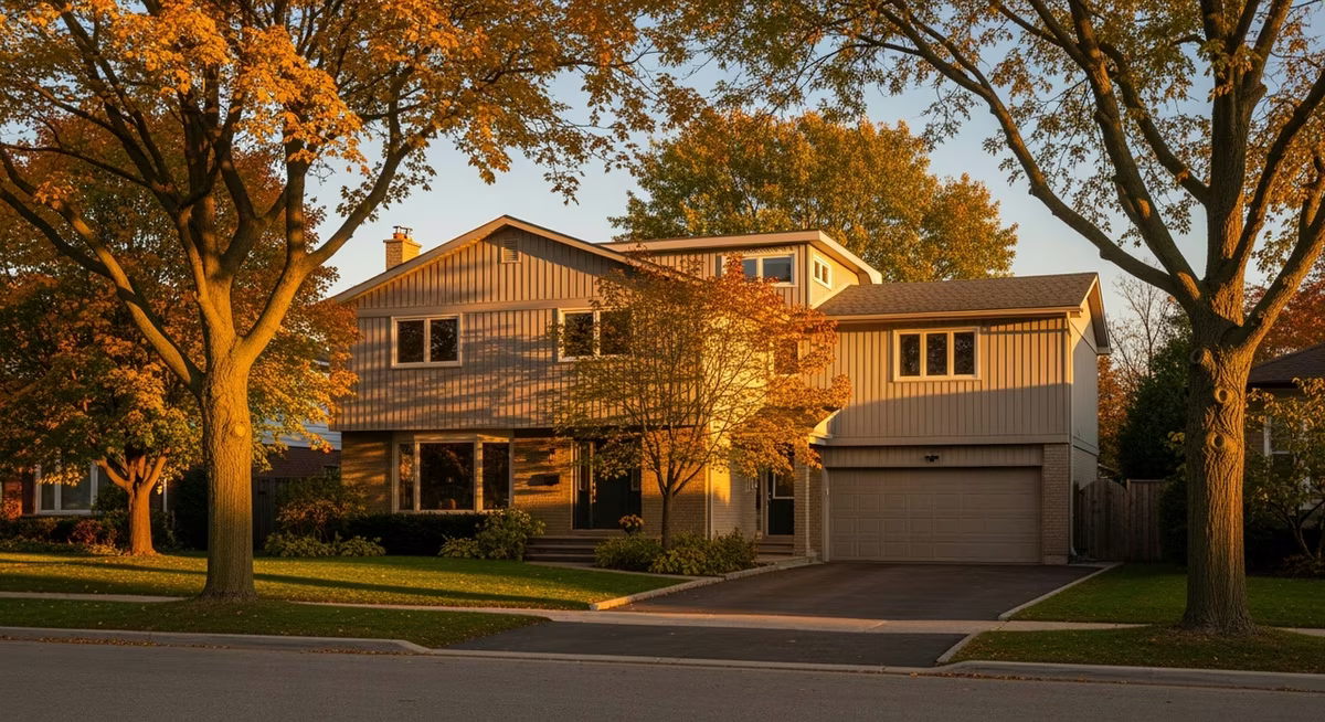 Toronto Etobicoke 1960s-70s detached two-storey home exterior on family street at golden hour where pre-1990 attic top-up with Owens Corning ProPink blown-cellulose from R-22 to R-50 effective per OBC SB-12 commonly runs $4,500-$7,200 and triggers Save on Energy and Canada Greener Homes Grant up to $5,600