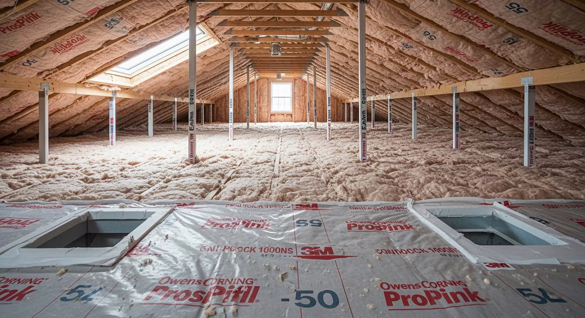 Completed Toronto attic after insulation top-up showing Owens Corning ProPink Loosefill blown cellulose evenly distributed to R-50 effective depth with depth markers on rafters, fresh 3M Fire Block 1000NS sealant at every top-plate penetration, continuous 6-mil poly vapour barrier intact and recessed-can baffle covers per OBC 9.36