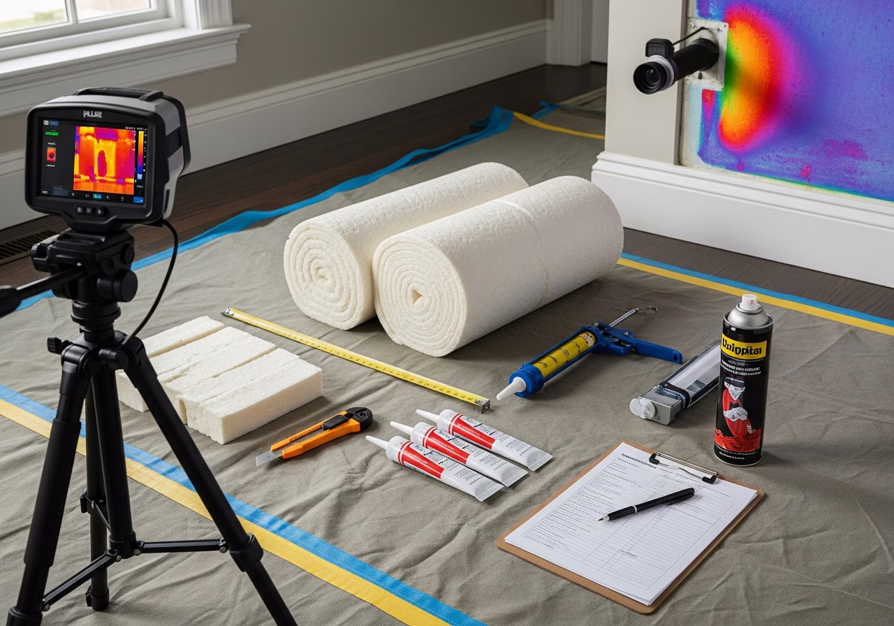 Insulation Audit (Thermal) in progress: tools, materials, and protective floor covering staged for a Toronto home inspection