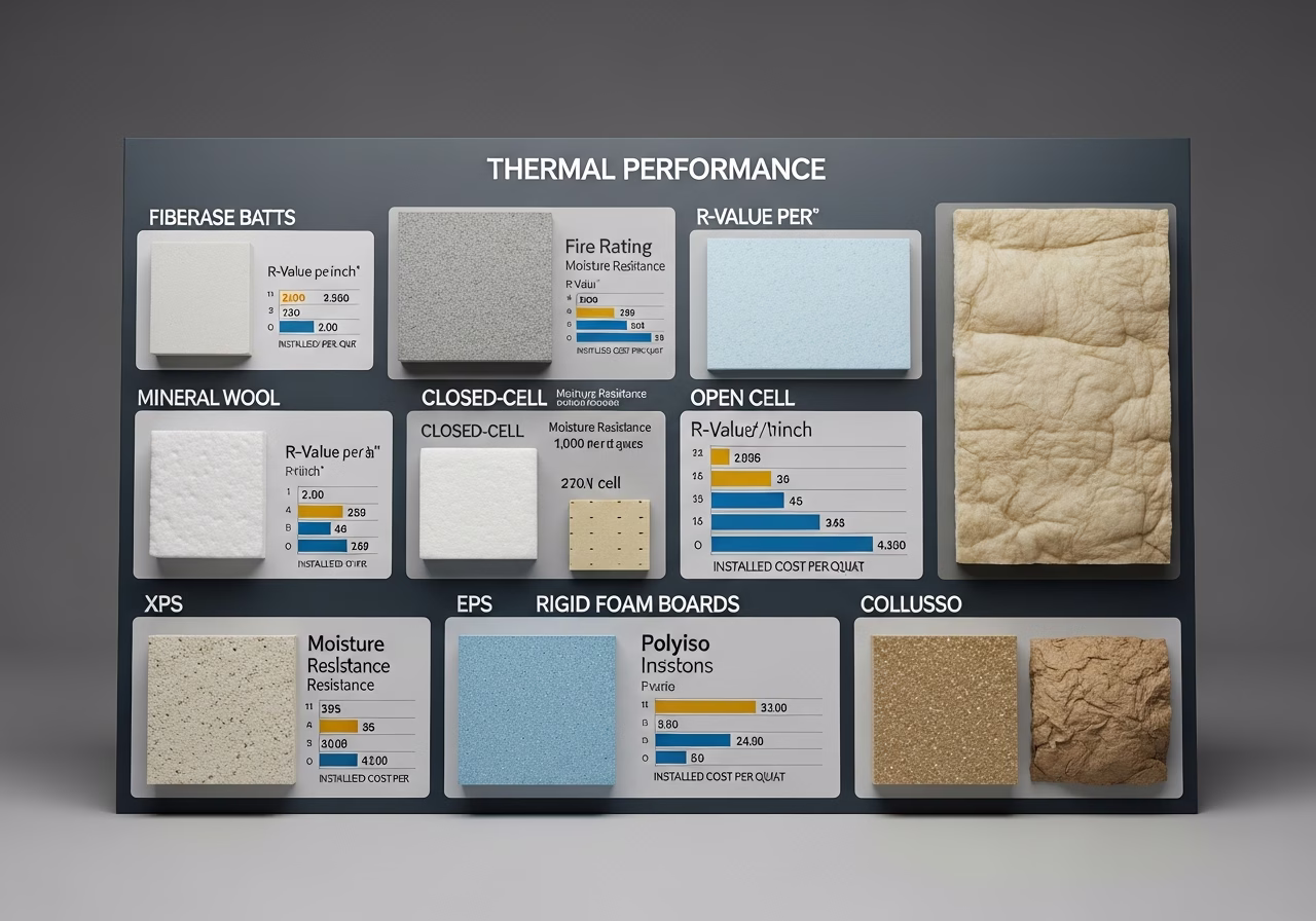 Side-by-side product and material comparison for insulation audit (thermal) — typical brands and finishes used in Toronto hom