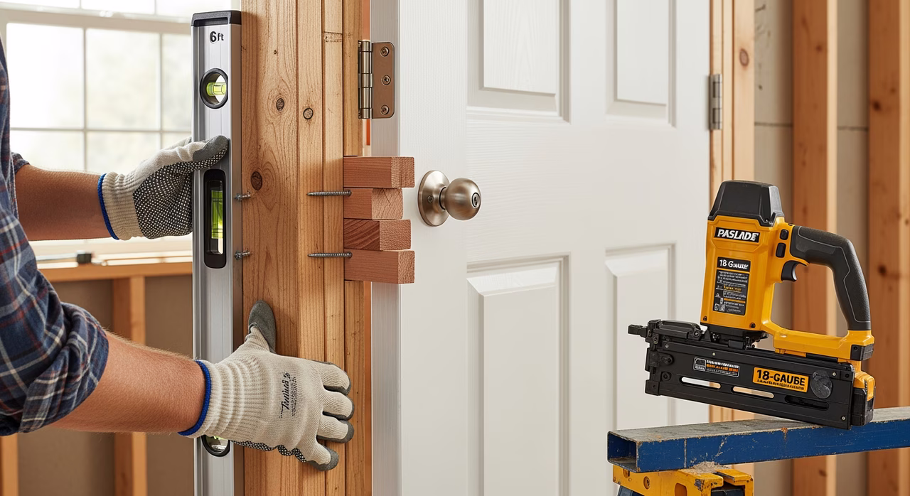 Toronto interior-door installer setting Masonite Heritage 6-panel hollow-core prehung unit into 2-by-4 stud rough opening, three cedar shims tapped at hinge jamb points, 6-foot level checking plumb, Paslode 18-gauge brad nailer