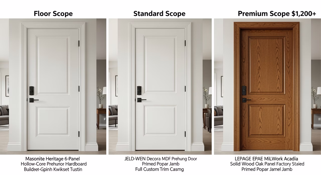 Three Toronto interior-door tiers compared: floor Masonite Heritage hollow-core hardboard Schlage Plymouth grade-3 at $350, standard JELD-WEN Decora solid-core MDF Emtek Tuscany at $550, premium Lepage Millwork Acadia solid-wood maple or oak Emtek solid-brass at $1,200+