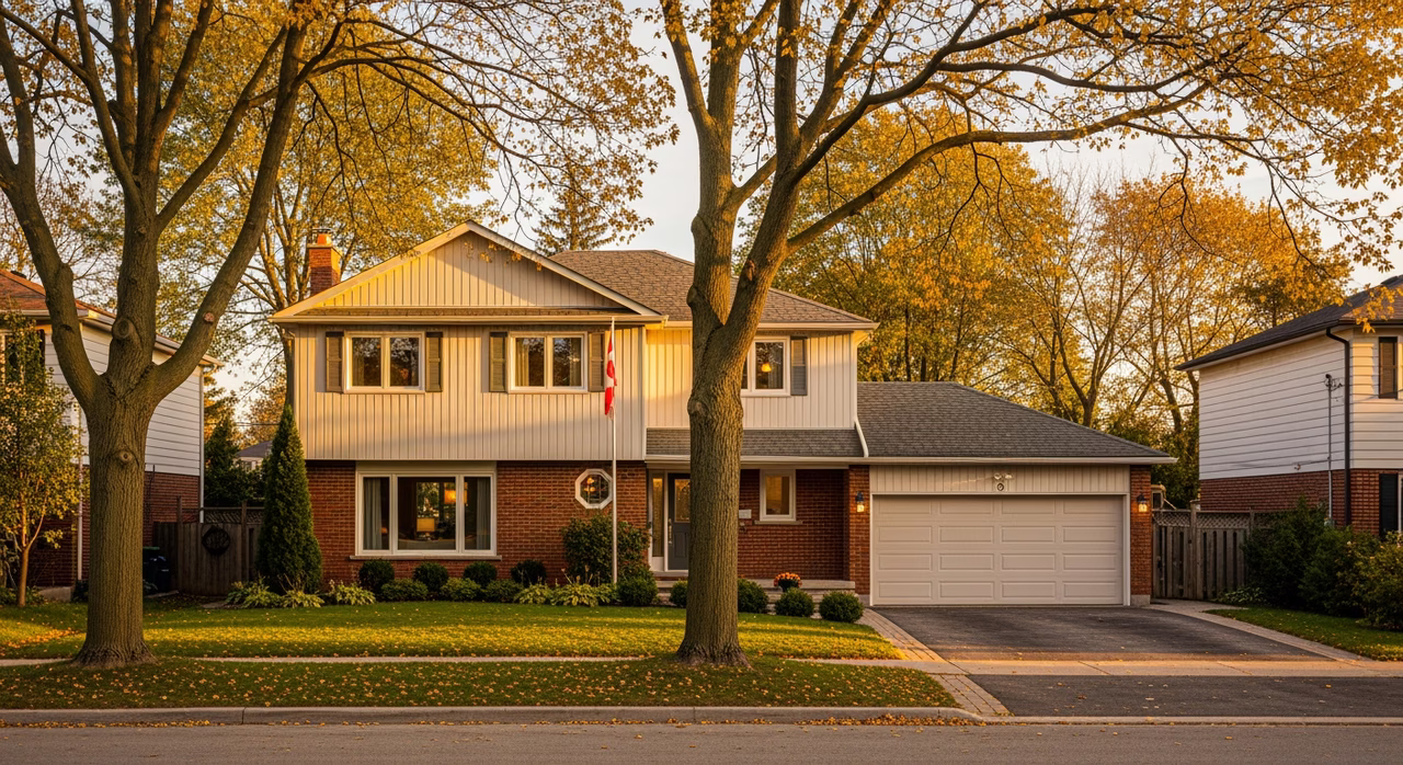Toronto North York 1980s detached two-storey home with mature trees on family street at golden hour where full-house interior-door replacement on 12-15 doors runs $4,200-$6,600 hollow-core to $14,400+ solid-wood premium