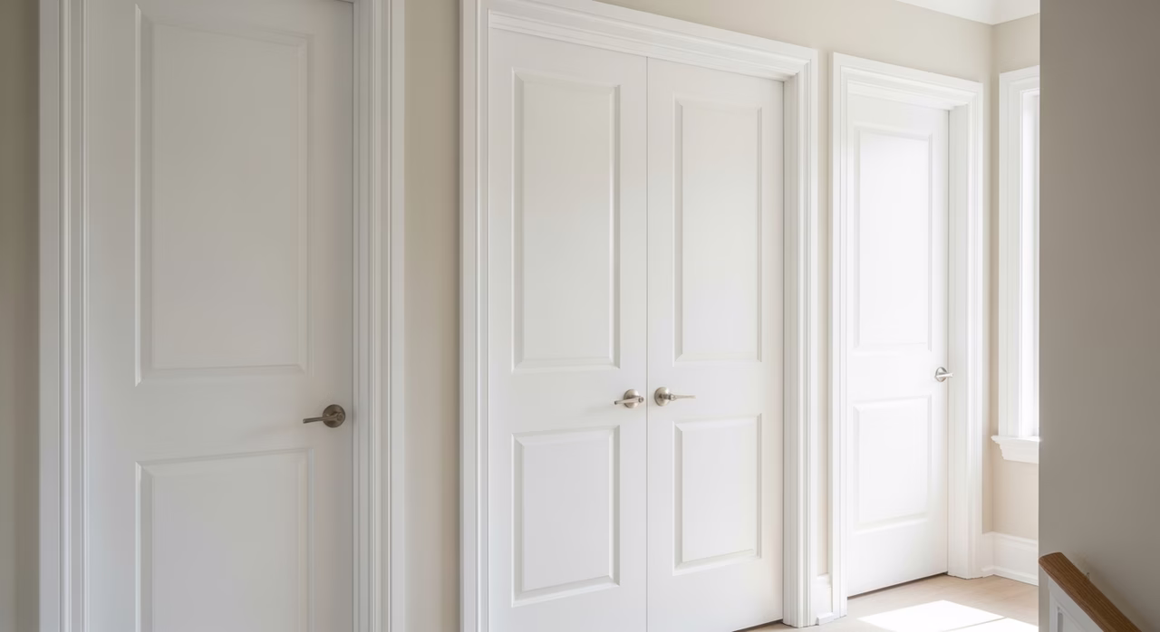 Completed Toronto upper-hallway with newly-installed JELD-WEN Decora solid-core MDF interior doors painted Benjamin Moore Decorator White, satin-nickel Emtek Tuscany lever hardware, primed-poplar custom 3-1/4 inch flat-stock casing
