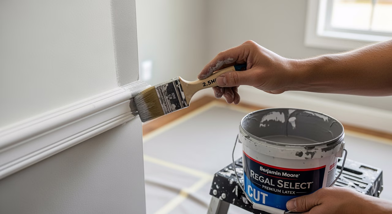 Toronto interior painter cutting in wall-to-ceiling edge with 2.5-inch angle sash brush, Benjamin Moore Regal Select premium latex in a cut bucket on stable stepladder