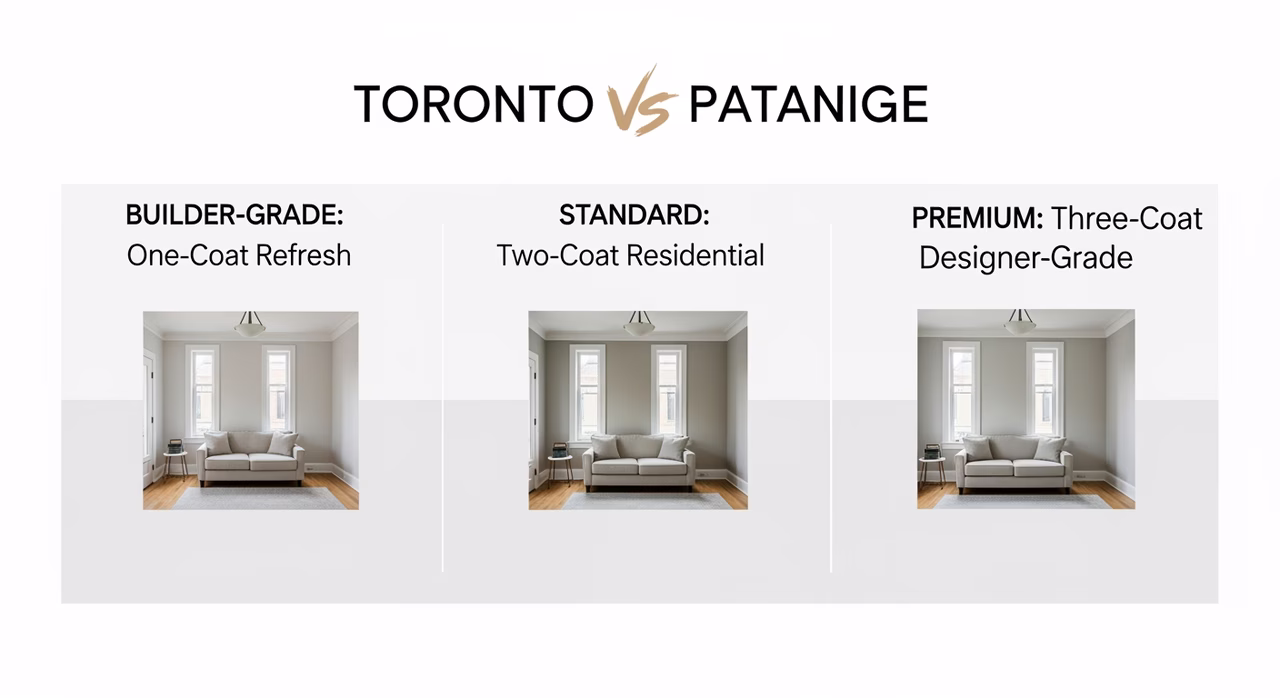 Three Toronto interior painting tiers compared: builder-grade one-coat refresh, standard two-coat with Benjamin Moore Regal Select, premium three-coat designer-grade with low-VOC Aura zero-emission