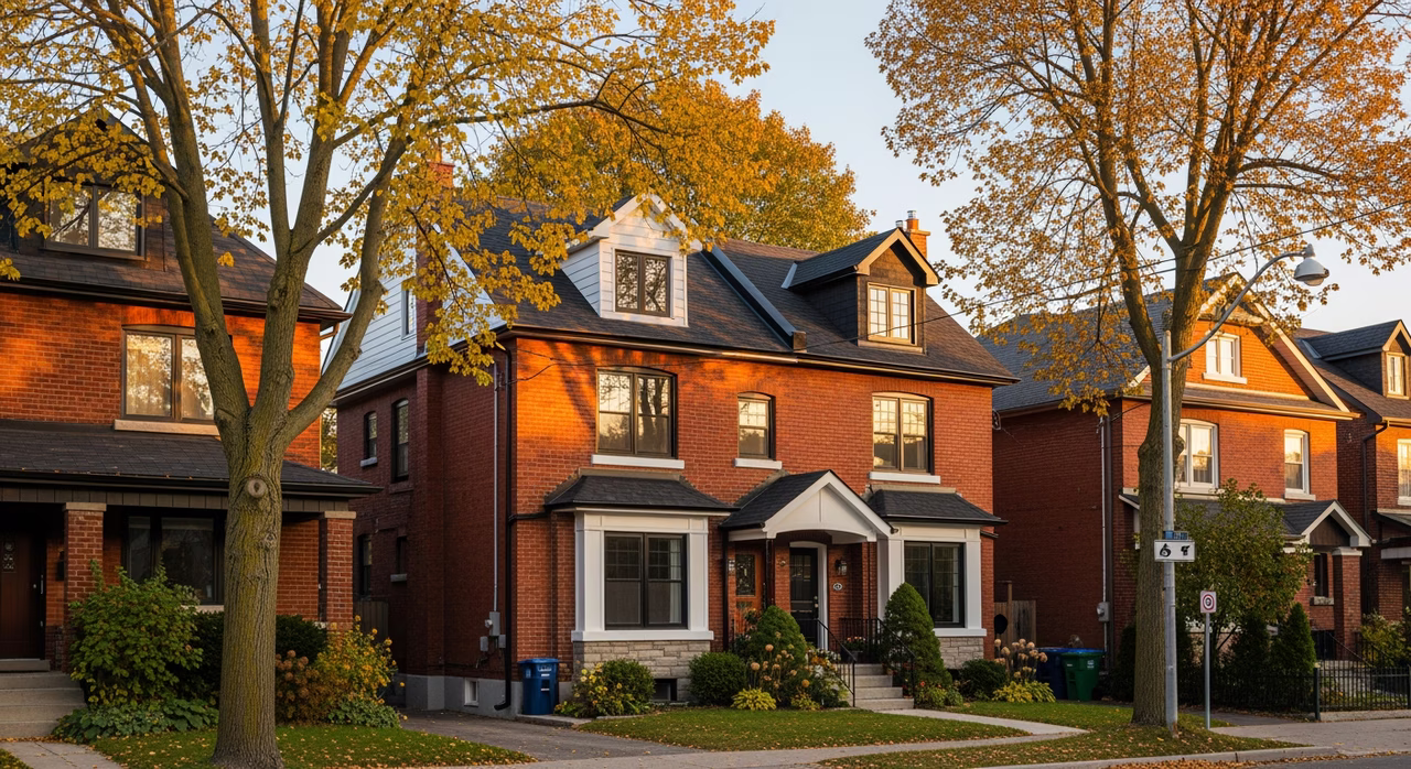 Toronto Riverdale 1920s semi-detached red-brick home with mature maples, recently-painted white trim and black double-hung windows where interior repaints run $2.50-$8 per sq ft