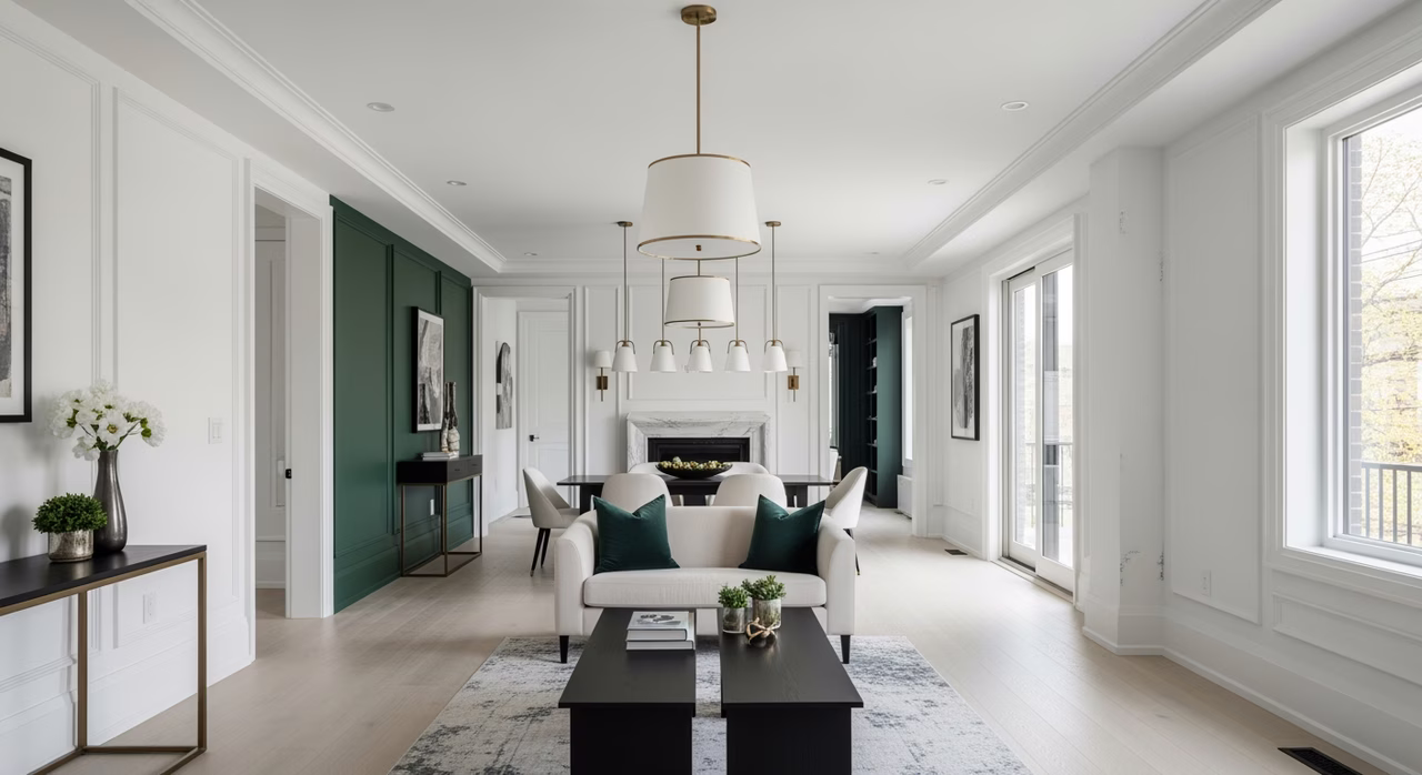 Completed Toronto luxury interior with Benjamin Moore White Dove walls, Farrow & Ball Studio Green accent, soft satin Advance trim, engineered white-oak flooring