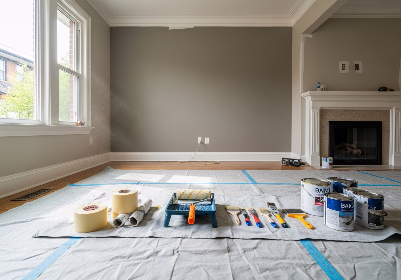 Interior Painting Cabbagetown in progress: tools, materials, and protective floor covering staged for a Toronto painting proj