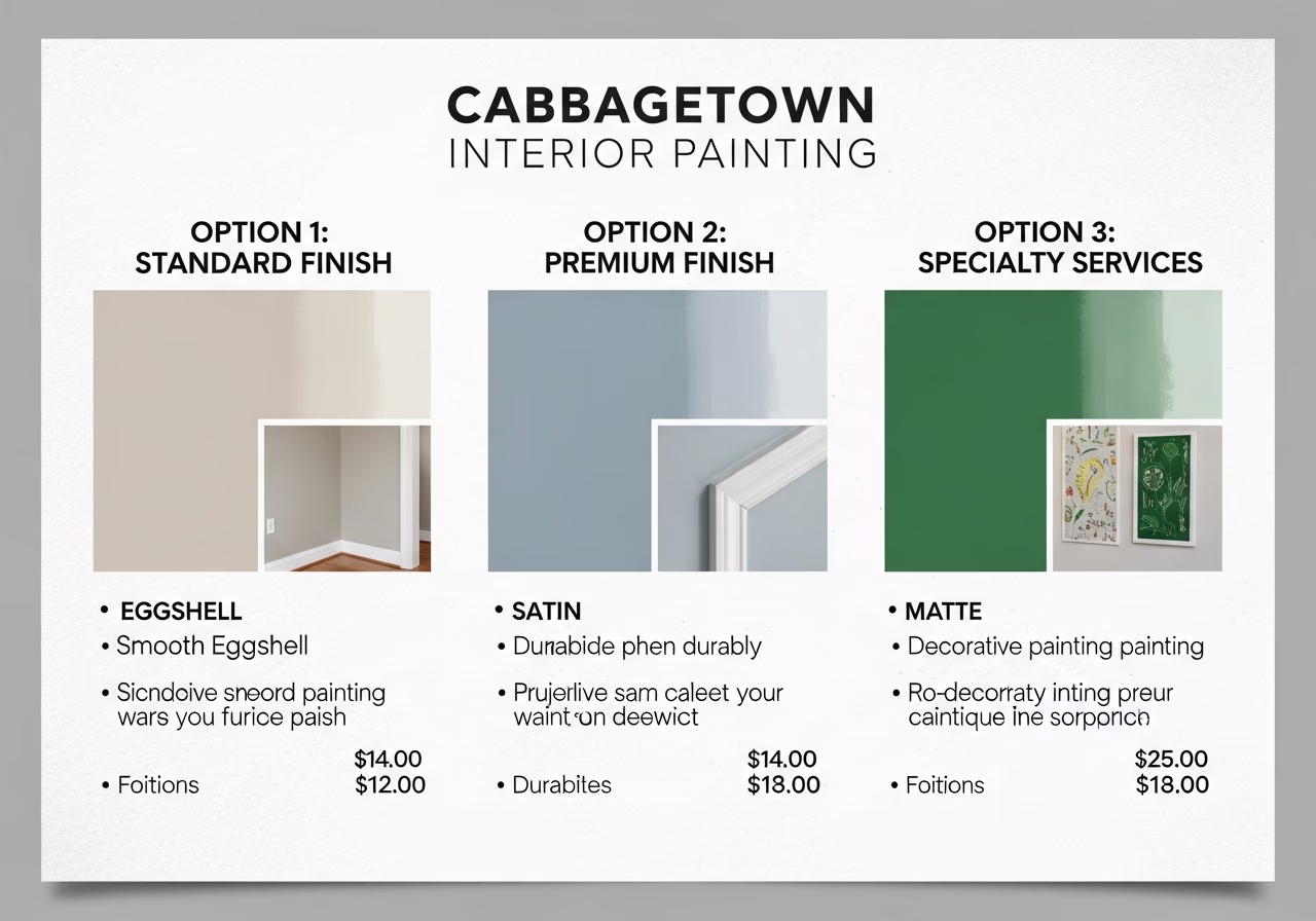 Side-by-side product and material comparison for interior painting cabbagetown โ typical brands and finishes used in Toronto