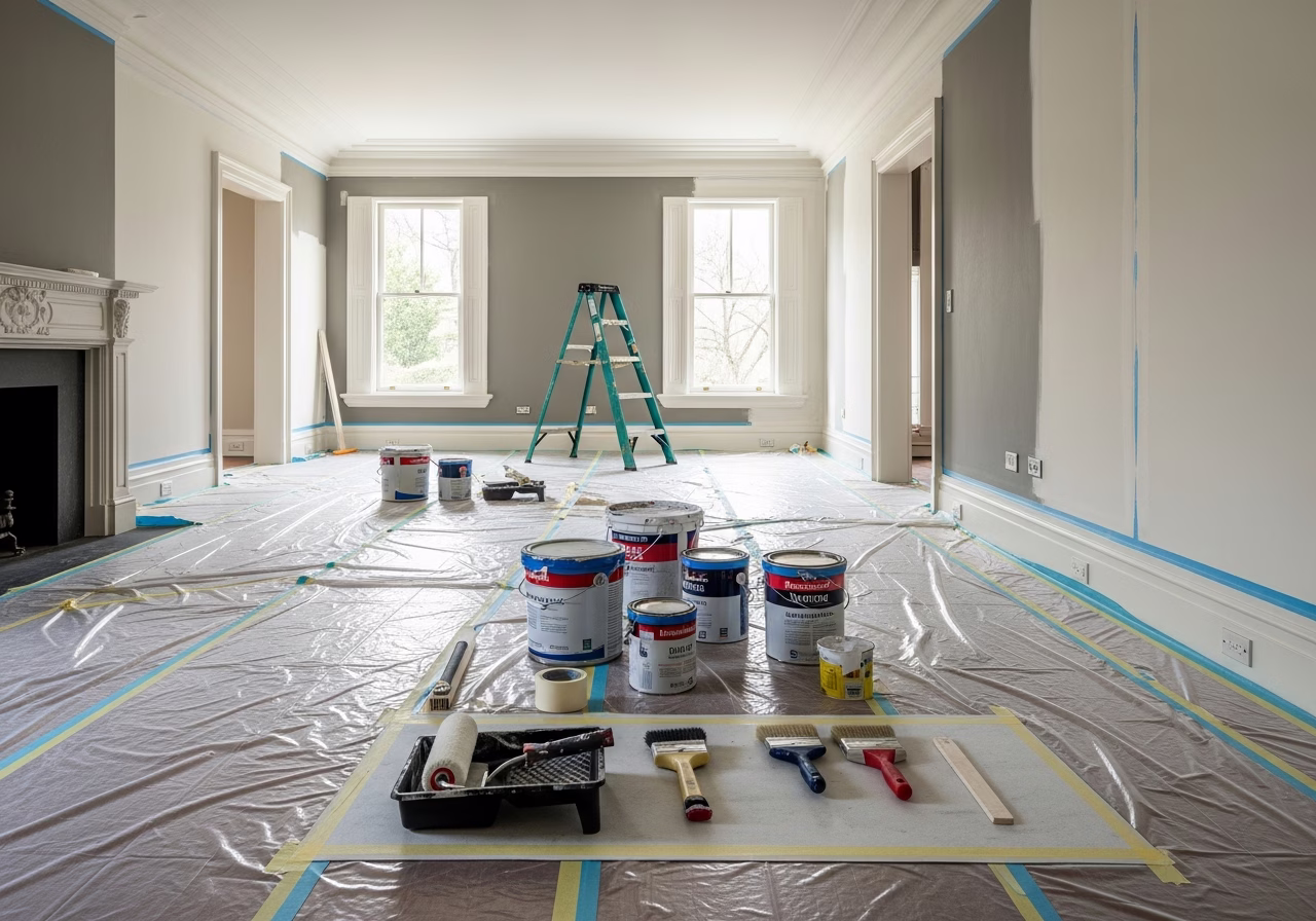 Interior Painting Forest Hill in progress: tools, materials, and protective floor covering staged for a Toronto painting proj