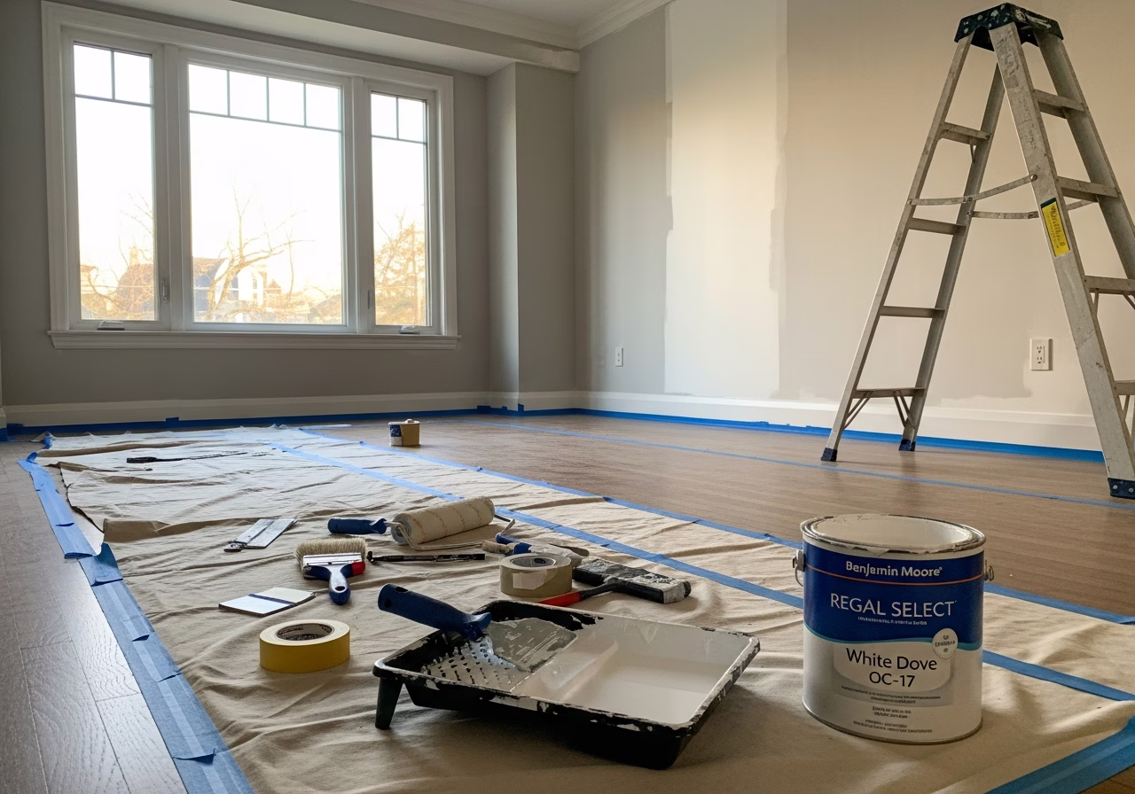 Interior Painting Leslieville in progress: tools, materials, and protective floor covering staged for a Toronto painting proj