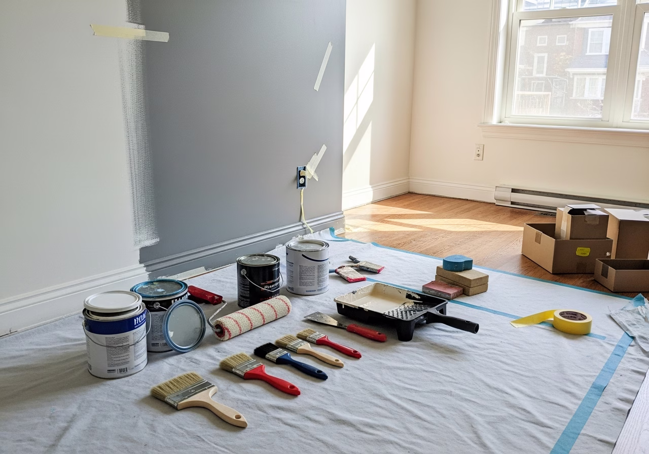Interior Painting Leslieville tools and materials staged in Toronto home