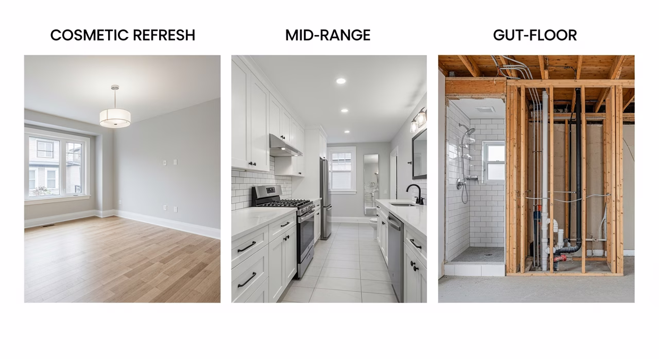 Three Toronto interior renovation scopes compared: cosmetic refresh, mid-range with millwork, gut-floor structural