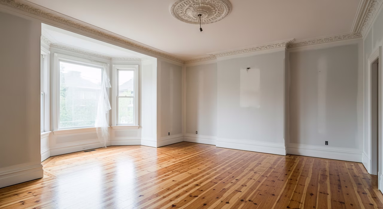 Toronto Annex Victorian semi mid-renovation with refinished wide-plank pine flooring and skim-coated walls