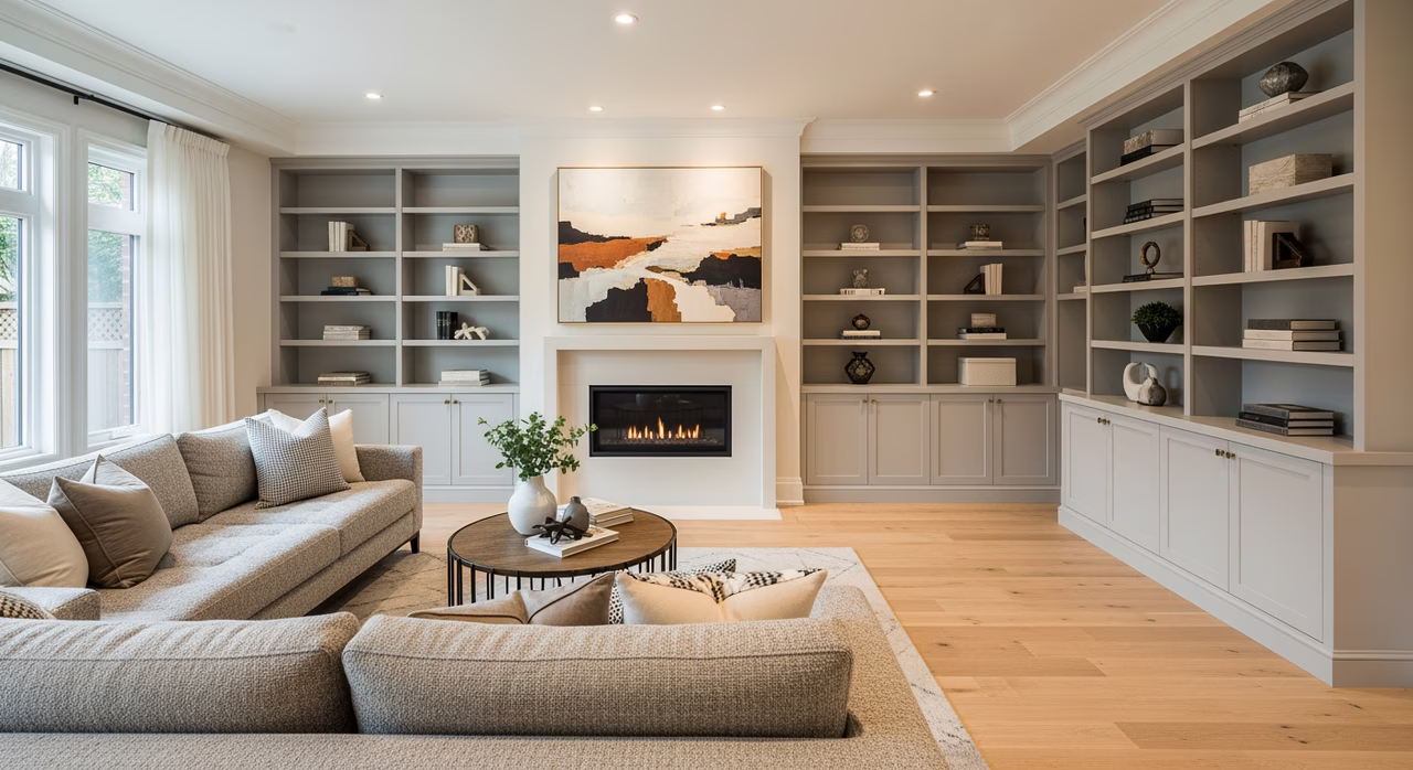 Completed Toronto interior renovation living room with white oak hardwood and custom built-in bookshelves