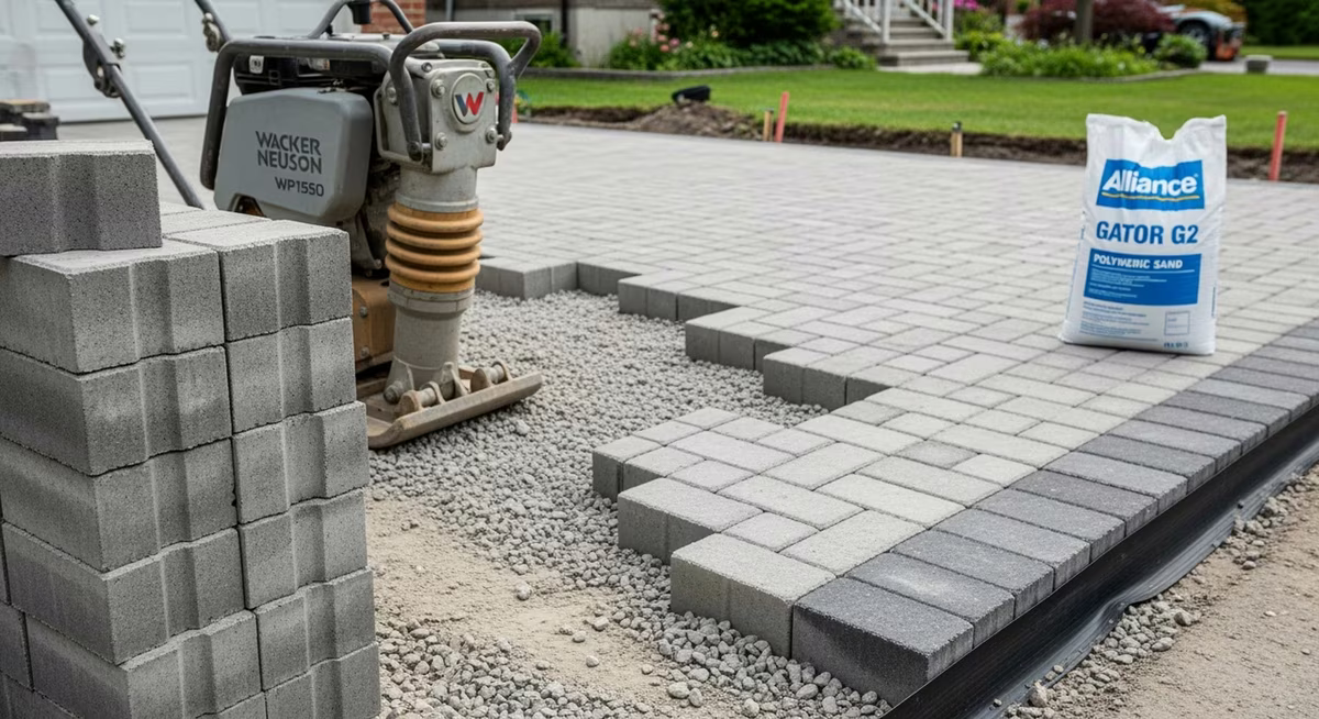 Toronto interlocking-driveway installer setting Permacon Mega Lafitt 60mm concrete slab paver in herringbone pattern on 1.5-inch bedding sand layer over 8-inch compacted Granular A sub-base on TenCate Mirafi 140N woven geotextile, plate-compactor visible at edge of work, polymeric sand bags ready for joint stabilization