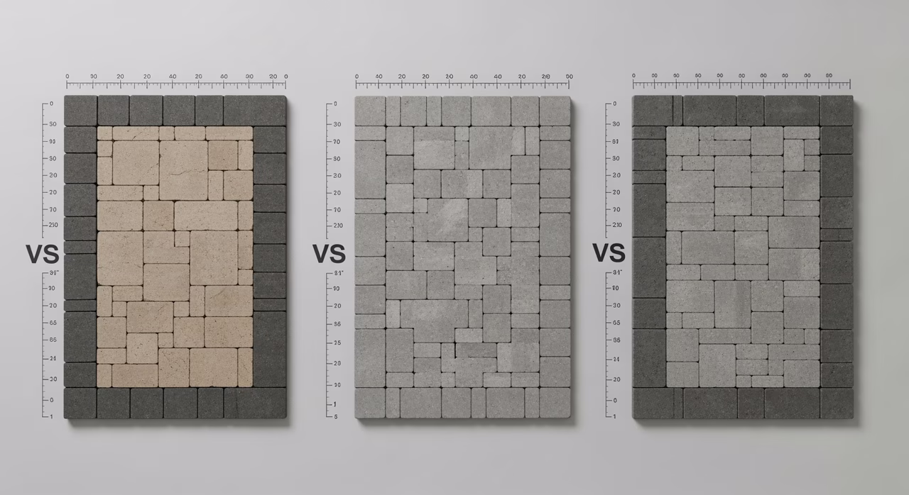 Three Toronto interlocking-driveway tiers compared: floor Belgard Bristol Stone or Unilock Brussels Block 60mm with running-bond pattern at $16-$22/sq ft, standard Permacon Series 3000 or Techo-Bloc Blu 60mm with herringbone and border accent at $22-$32/sq ft, premium Permacon Mega Lafitt or Techo-Bloc Blu Premium 60-80mm with custom border and integrated LED at $32-$48/sq ft