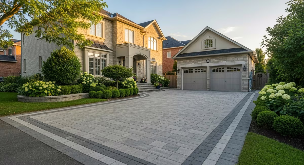 Toronto Richmond Hill 2010s detached luxury home on Bayview Hill street with custom interlocking driveway in Techo-Bloc Blu Premium 60 series Smooth-finish at golden hour where premium scope with custom border and natural-stone inlay commonly runs $36,000-$58,000+ on 1,400-1,800 sq ft