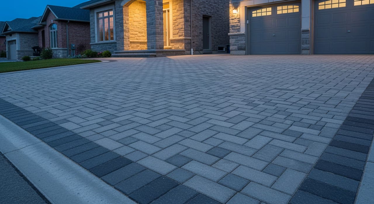 Completed Toronto front-driveway with newly-installed Techo-Bloc Blu Premium 60 paver in Charcoal tone with light-grey border accent in herringbone pattern, Techniseal HP NextGel polymeric sand joints visible at correct fill level, aluminum Permaloc edge restraint visible at lawn interface