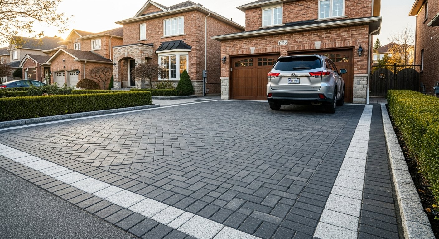 Recently completed interlocking driveway & patio renovation in a Ajax home
