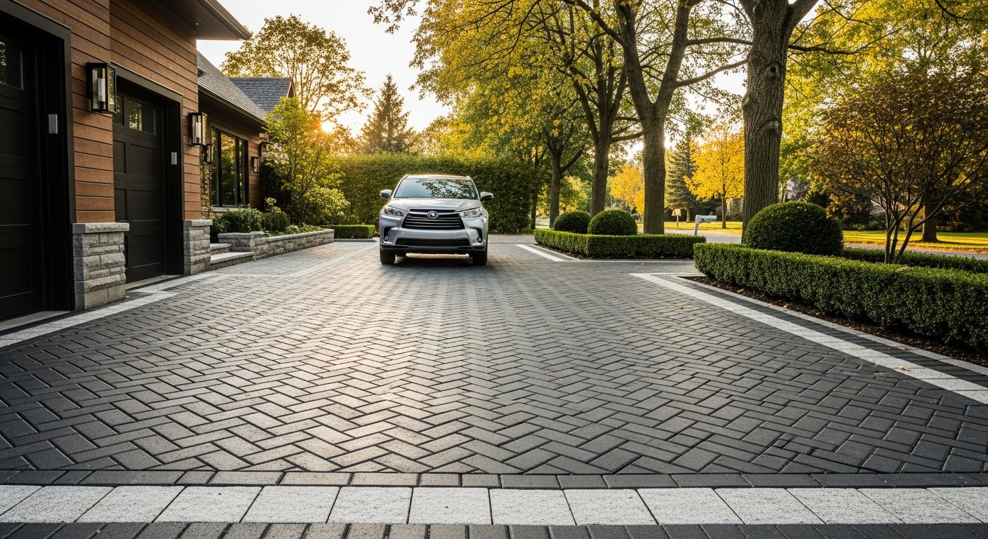 On-site interlocking driveway & patio install detail at a Markham property