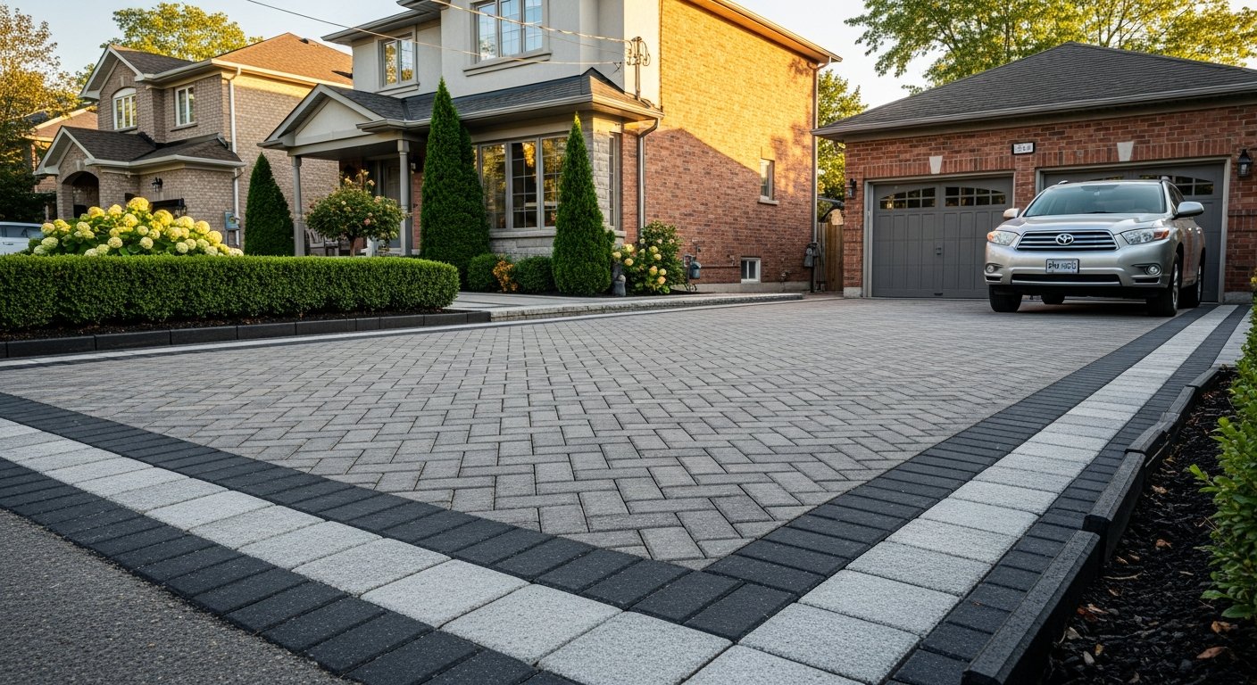 Completed interlocking driveway & patio work showcasing finishing details in Whitby