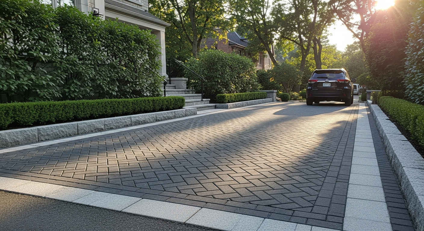 Recently completed interlocking driveway & patio renovation in a Aurora home