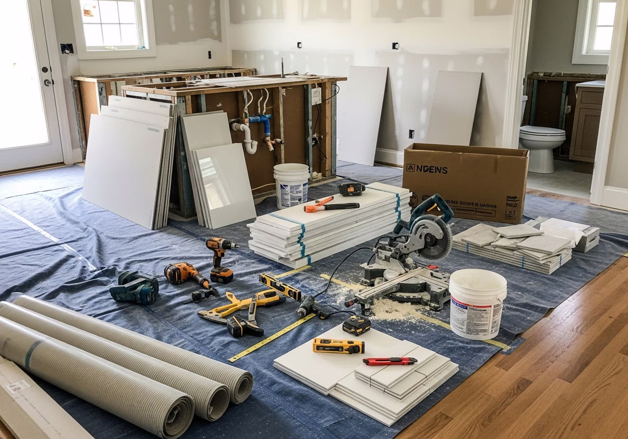 Tools and materials staged for kitchen and bath renovation in Markham