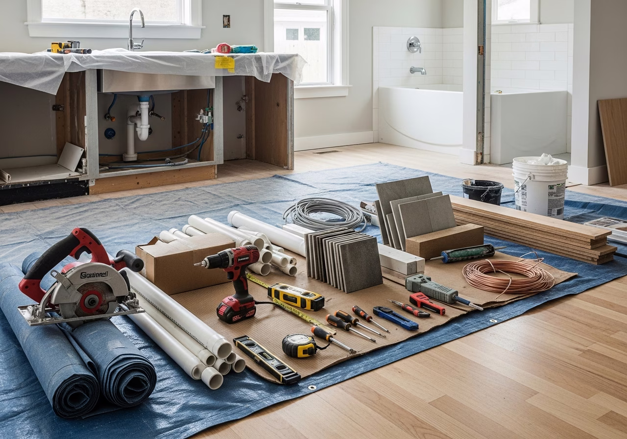 Tools and materials staged for kitchen and bath renovation in Mississauga