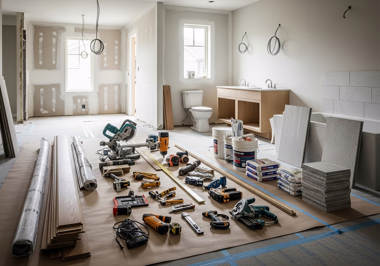 Tools and materials staged for kitchen and bath renovation in Oakville
