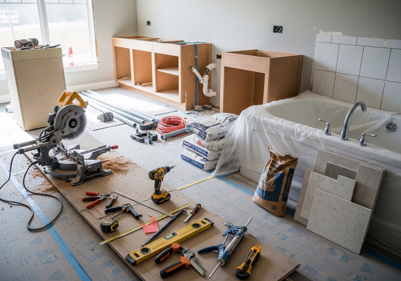 Tools and materials staged for kitchen and bath renovation in Toronto