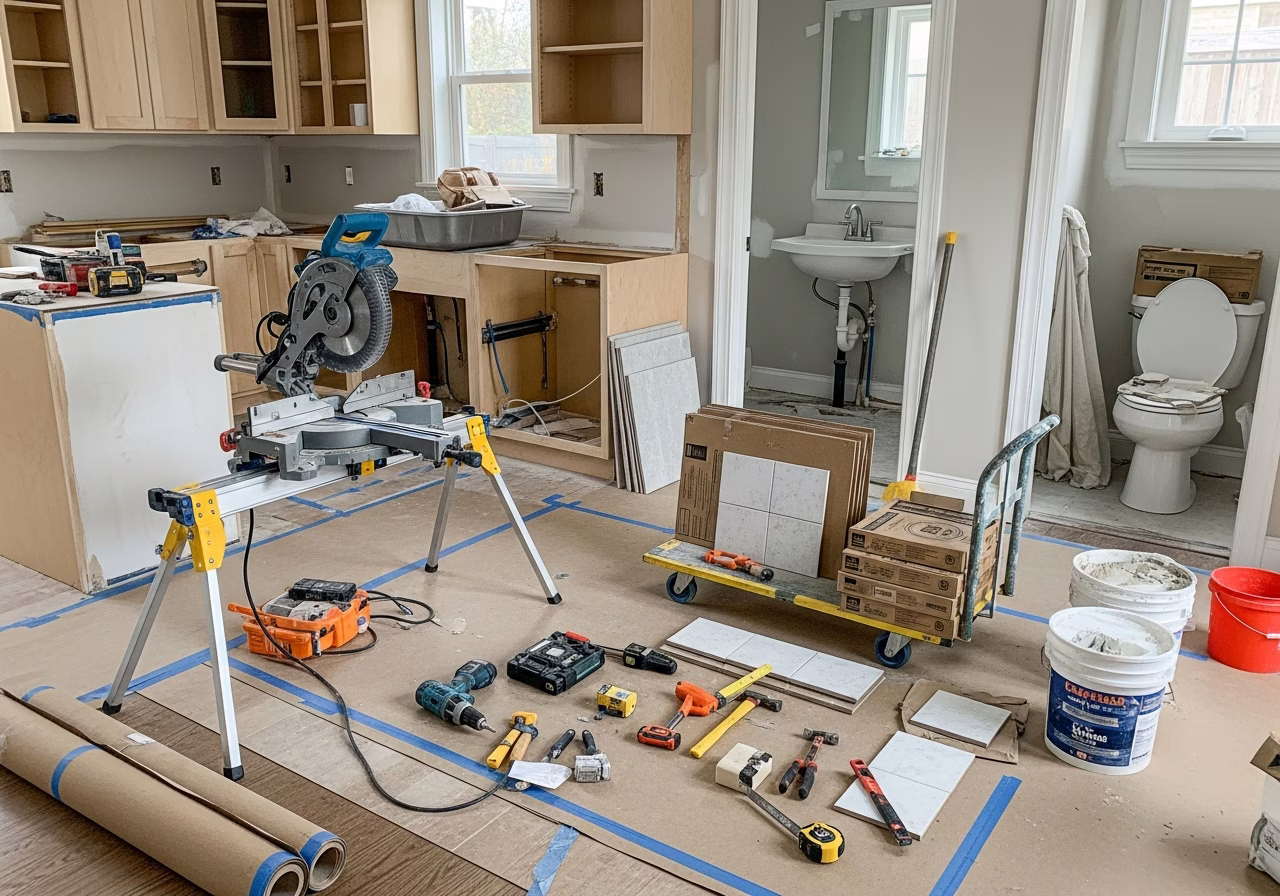 Tools and materials staged for kitchen and bath renovation in Vaughan