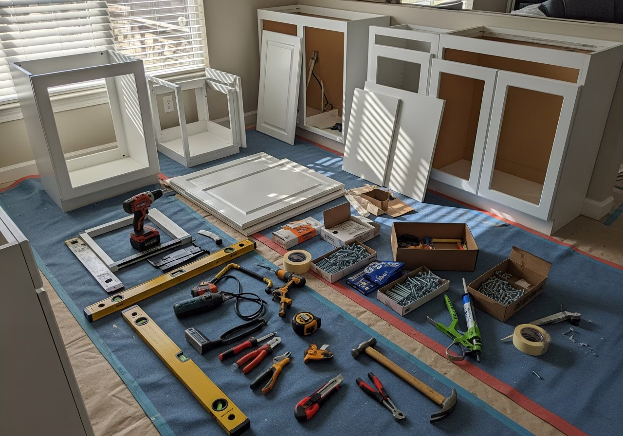 Tools and materials staged for kitchen cabinet installation in Toronto