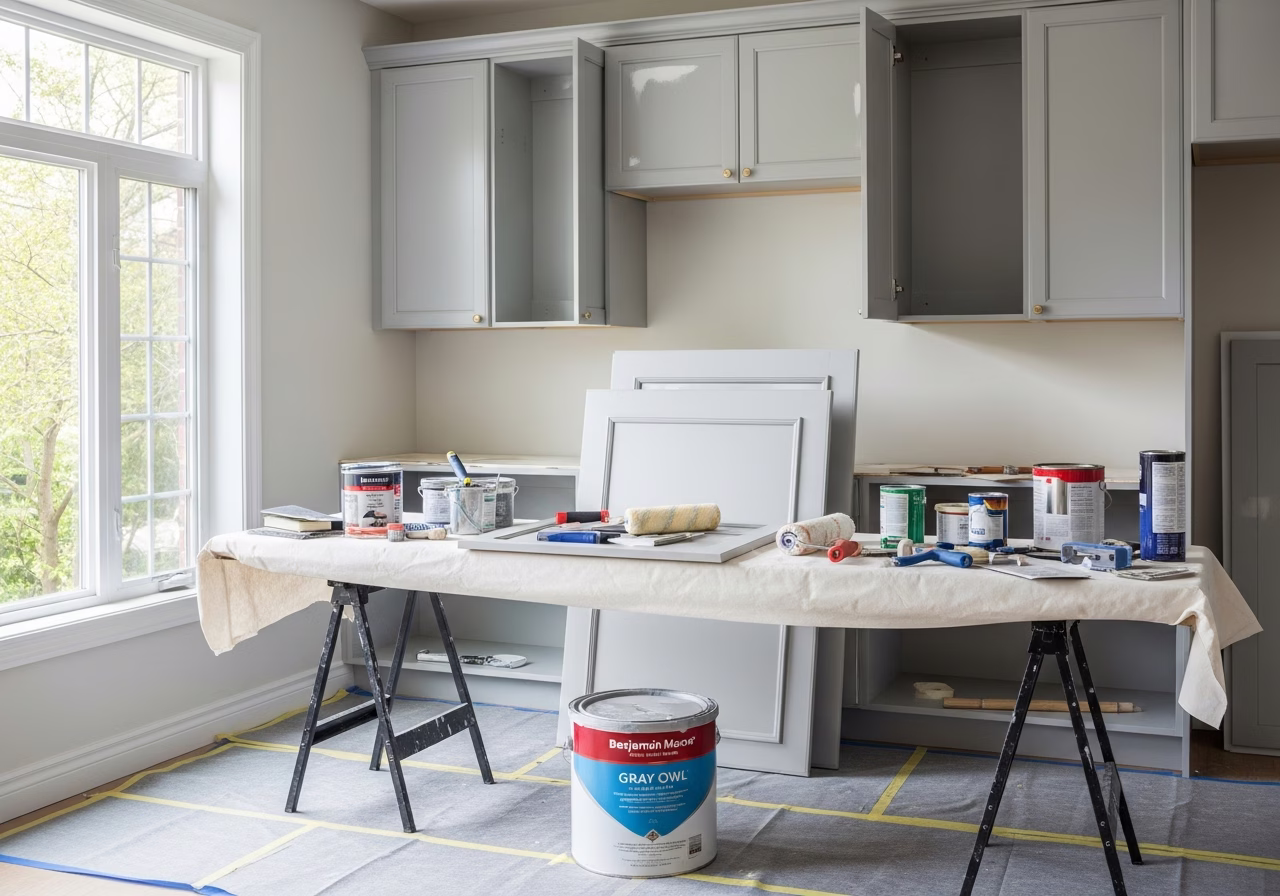 Kitchen Cabinet Painting in progress: tools, materials, and protective floor covering staged for a Toronto painting project