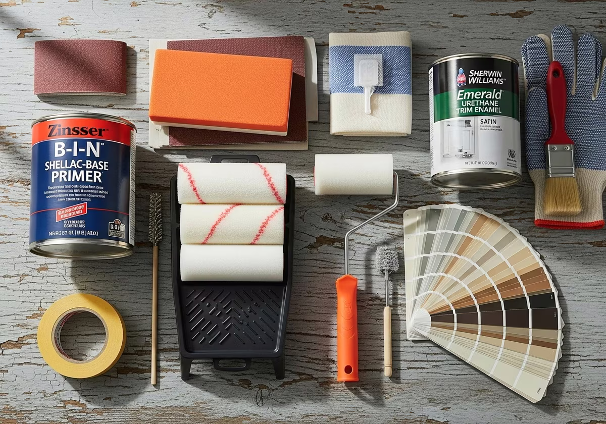 Side-by-side product and material comparison for kitchen cabinet painting — typical brands and finishes used in Toronto paint