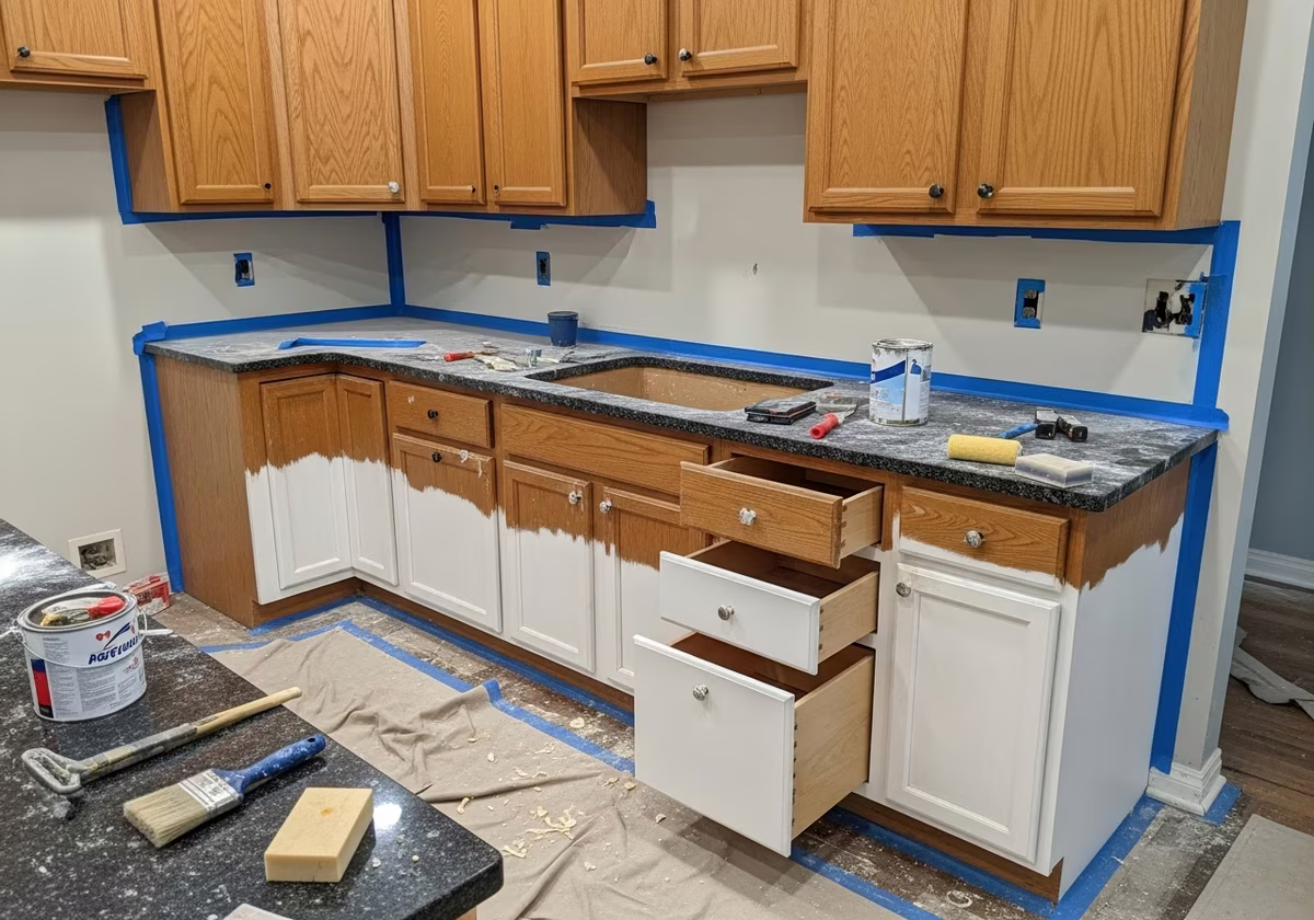 Close-up detail of professionally completed kitchen cabinet painting showing craftsmanship and finish quality
