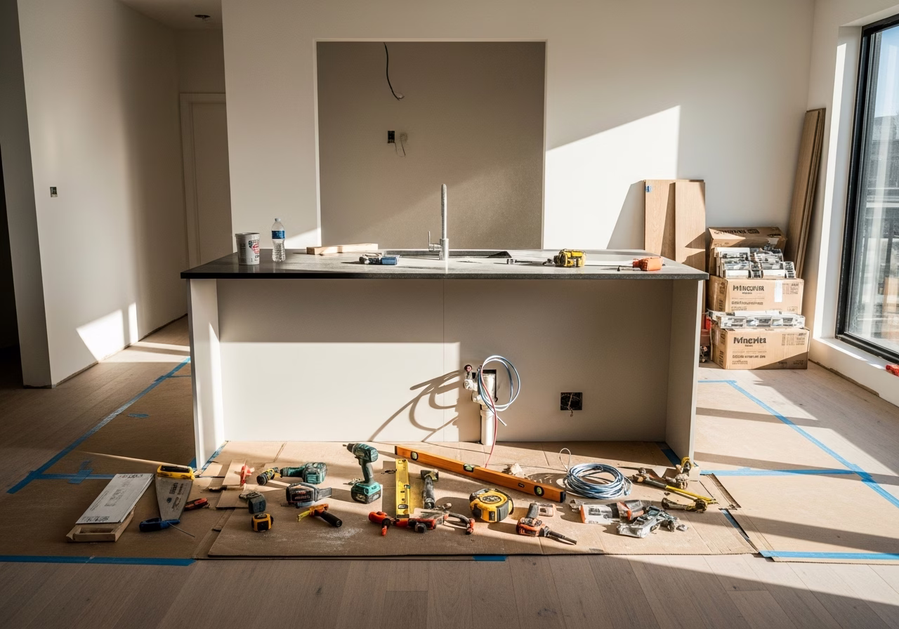 Kitchen Island Installation in progress: tools, materials, and protective floor covering staged for a GTA kitchen and bath re