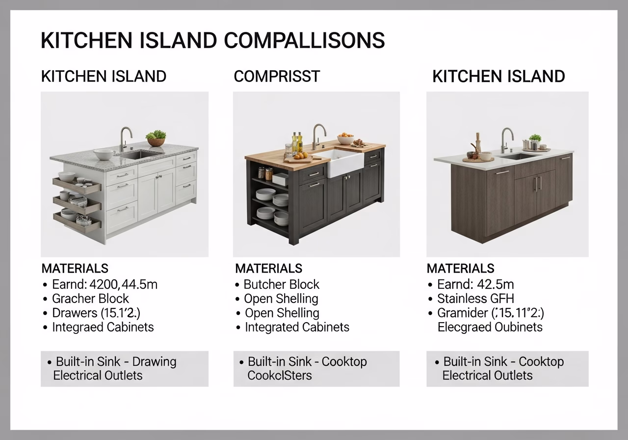 Side-by-side product and material comparison for kitchen island installation — typical brands and finishes used in GTA kitche