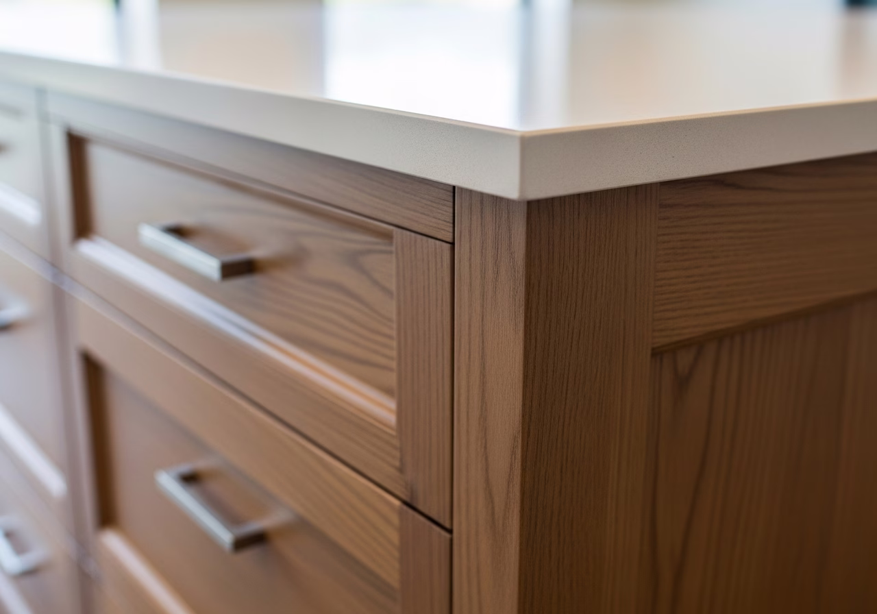 Close-up detail of professionally completed kitchen island installation showing craftsmanship and finish quality