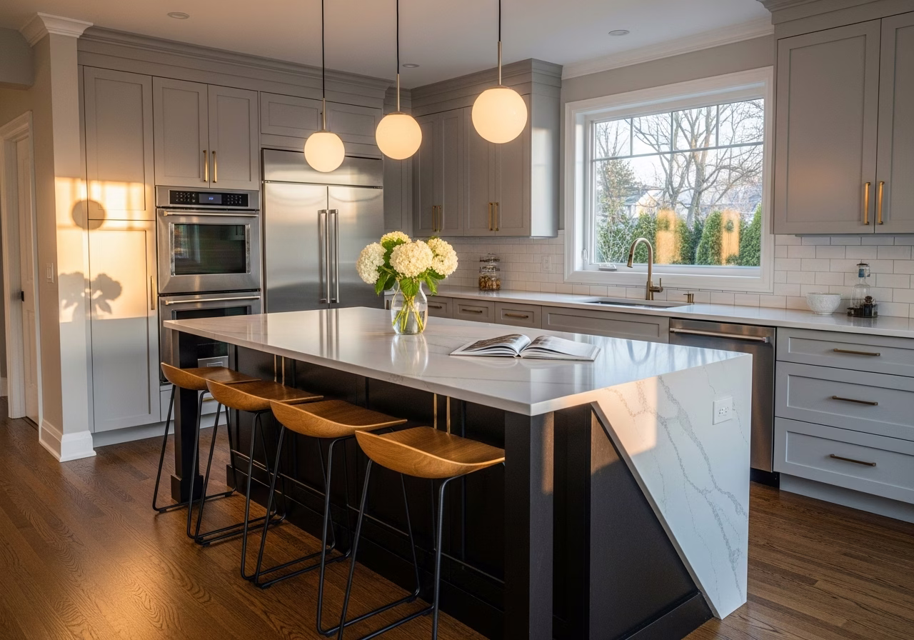 Finished kitchen island installation result in a Toronto/GTA home, photographed in natural light