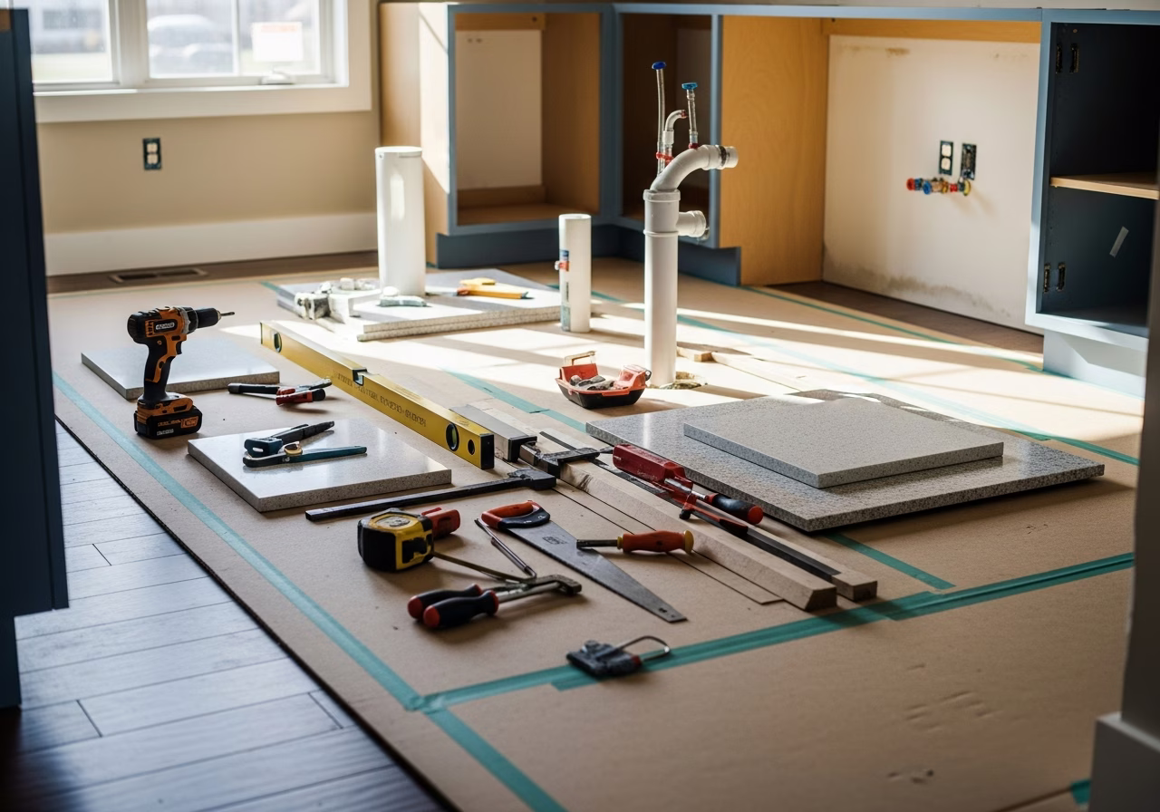 Tools and materials staged for kitchen island installation in Toronto