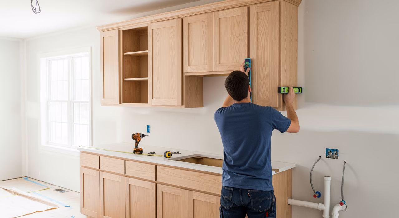 Toronto kitchen renovation crew installing solid maple shaker upper cabinets with level and stud finder over plumbing rough-in