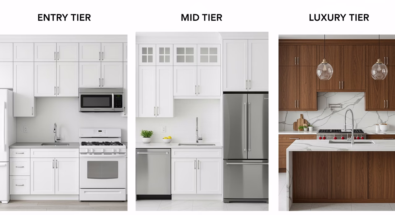 Three Toronto kitchen renovation tiers compared: entry IKEA SEKTION with laminate, mid-range semi-custom shaker with quartz, luxury full-custom walnut with panel-ready Sub-Zero