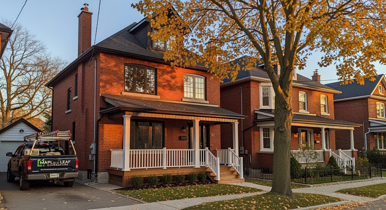 Toronto Leaside two-storey red-brick detached home with mature maple street, fresh black-frame windows and refinished front porch