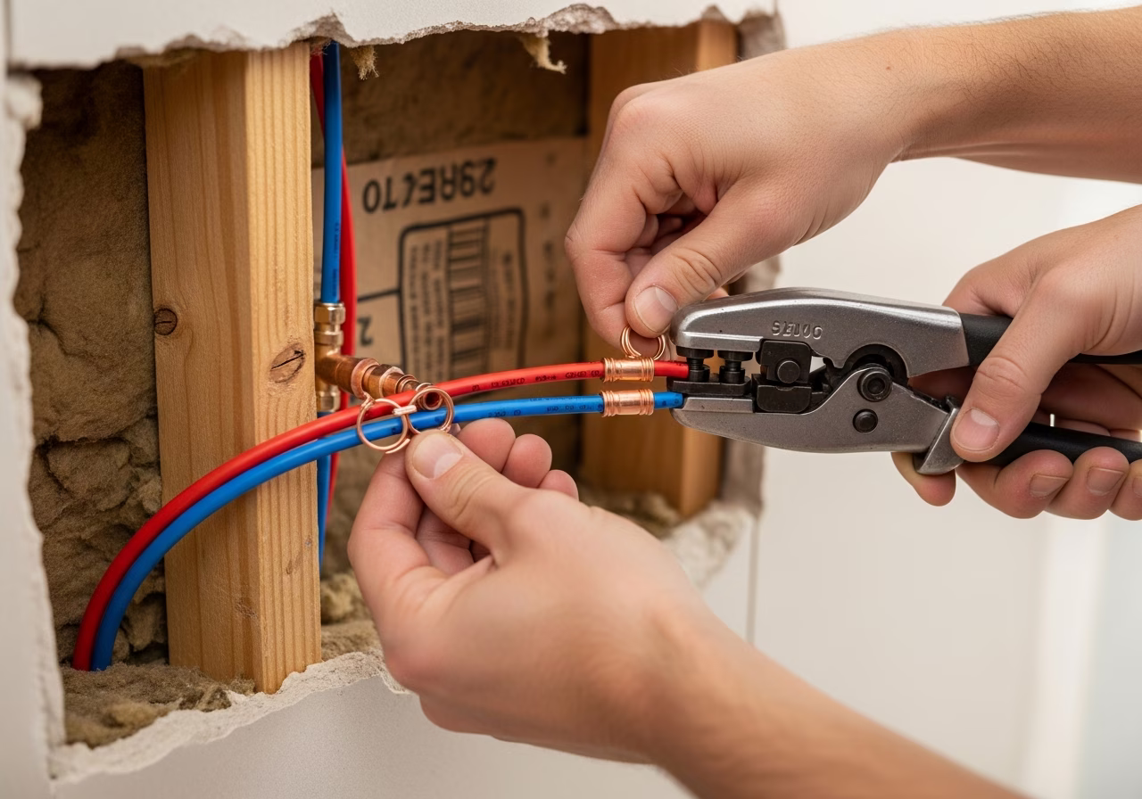 Connecting PEX water supply with copper-crimp fittings for Toronto kitchen rough-in