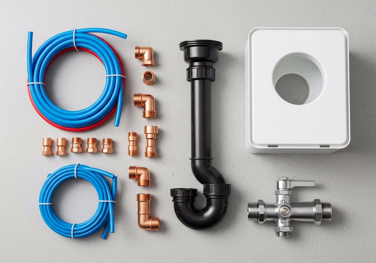 Kitchen rough-in plumbing kit — PEX, copper, ABS drain, dishwasher box, ice maker