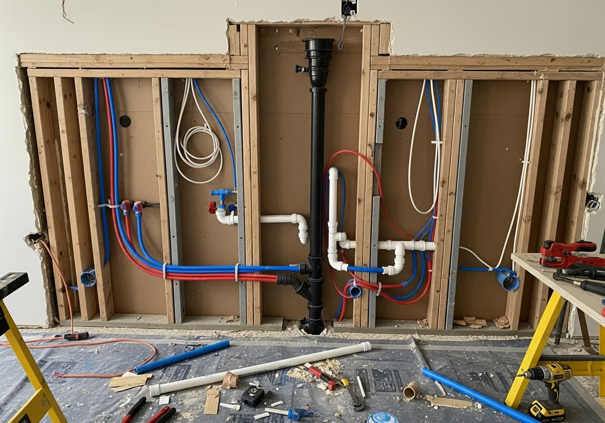 Toronto kitchen rough-in — PEX supply and ABS drain stack in open wall cavity
