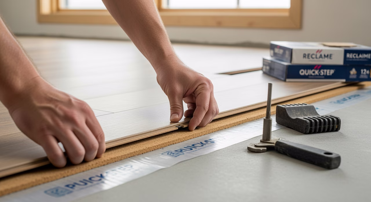 Toronto laminate flooring installer fitting Quick-Step Reclaime 12mm AC4 plank with bevelled edges, 3mm cork-rubber underlayment below, polyethylene vapour barrier visible at slab edge, tapping block and pull-bar